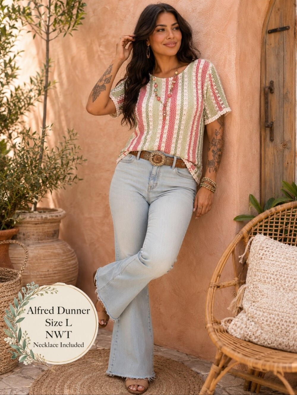 Alfred Dunner NWT Pink Green Textured Knit Top w/ Necklace Size L